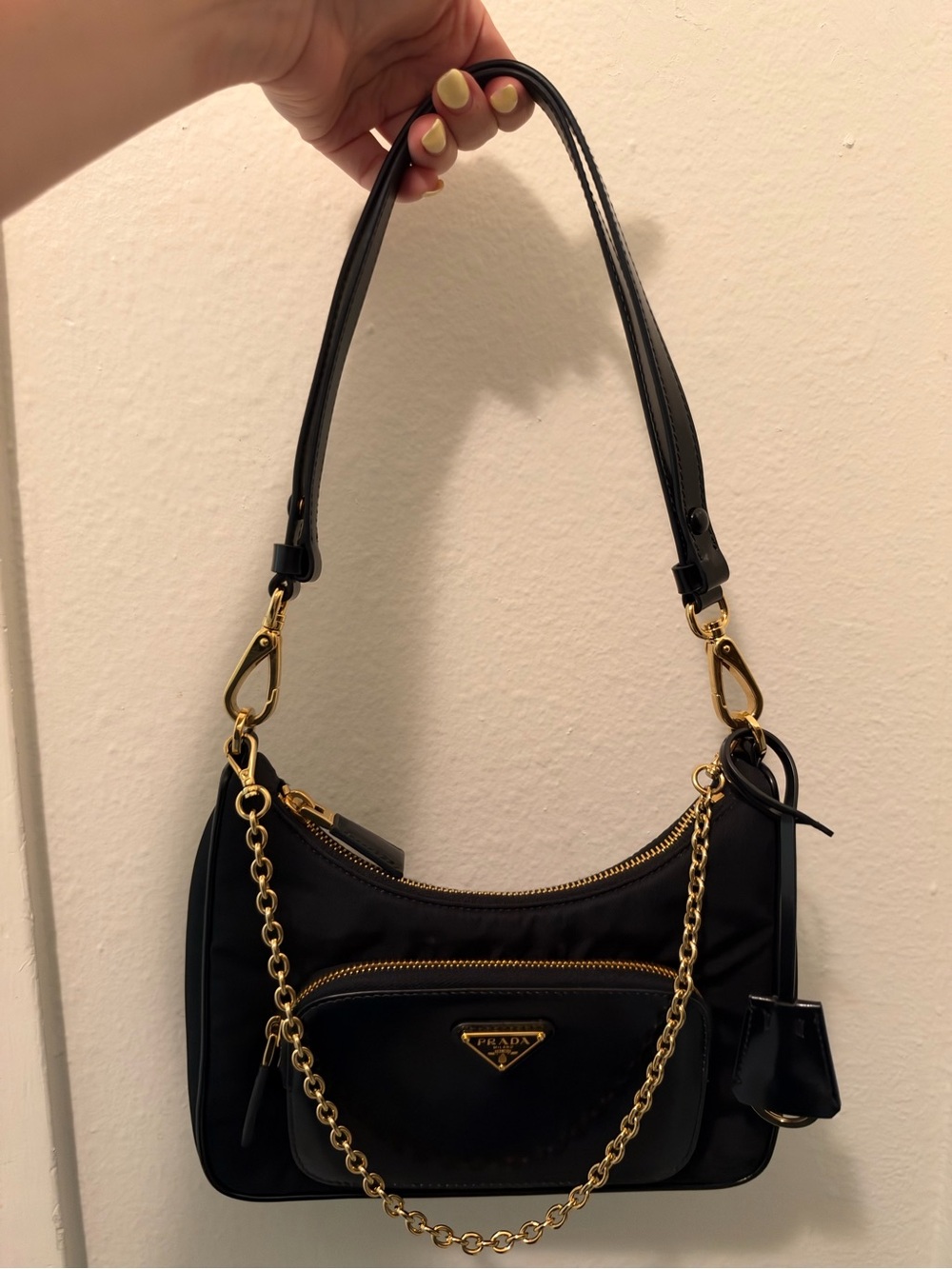 Prada Black Nylon Shoulder Bag with Gold Chain Accent